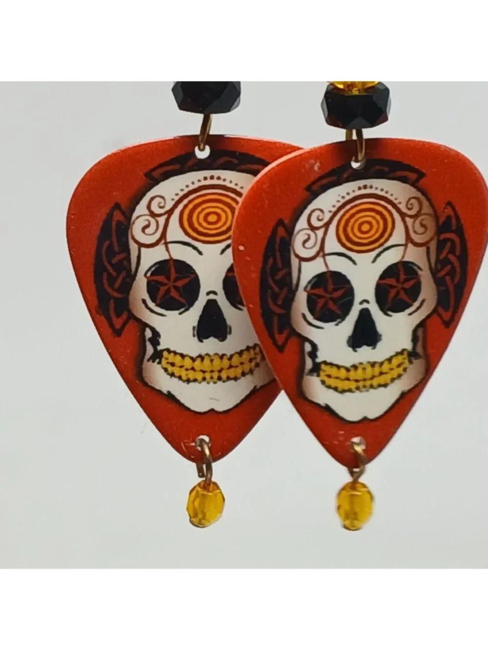 Sugar Skull Guitar Pick Earrings Dangle W/ Beads Halloween Orange Artisan #J-G